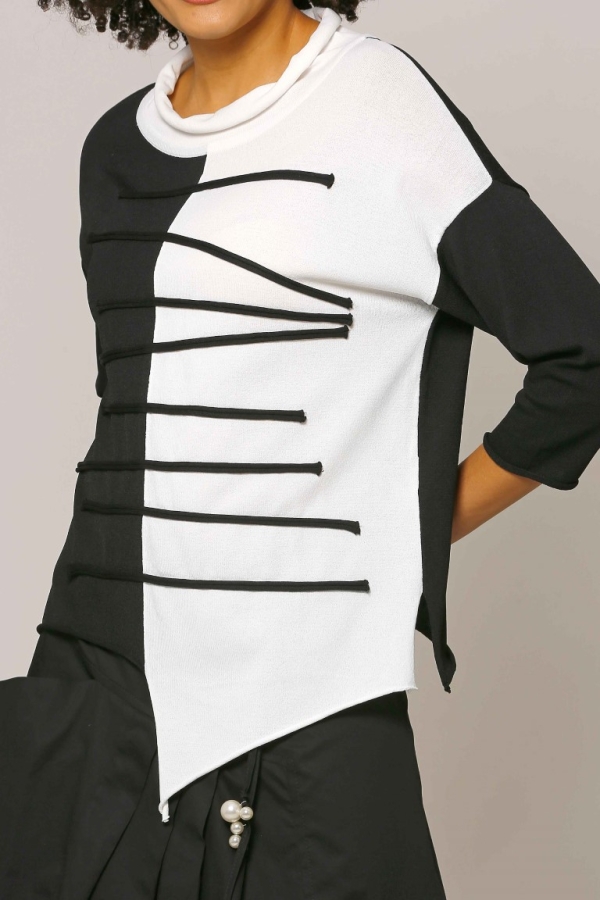 Asymmetric Cut Embellished Rayon Sweater - Black Ecru - 4