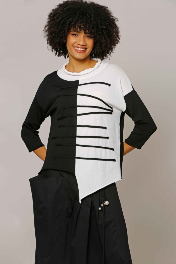 Asymmetric Cut Embellished Rayon Sweater - Black Ecru - 1
