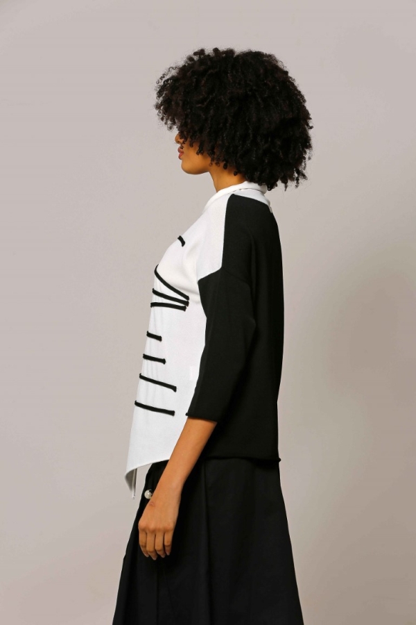 Asymmetric Cut Embellished Rayon Sweater - Black Ecru - 2