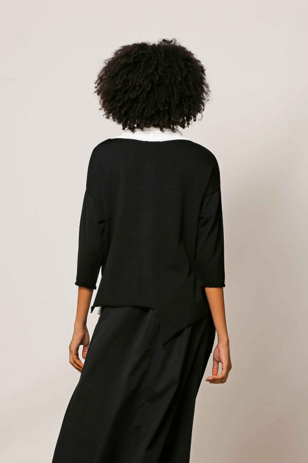 Asymmetric Cut Embellished Rayon Sweater - Black Ecru - 3