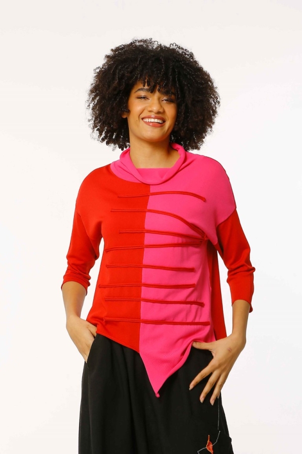 Asymmetric Cut Embellished Rayon Sweater - Red Fuchsia - 1