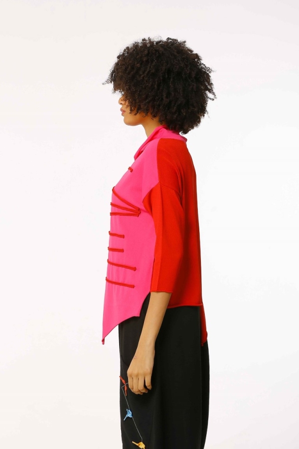 Asymmetric Cut Embellished Rayon Sweater - Red Fuchsia - 2