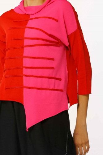 Asymmetric Cut Embellished Rayon Sweater - Red Fuchsia - 4