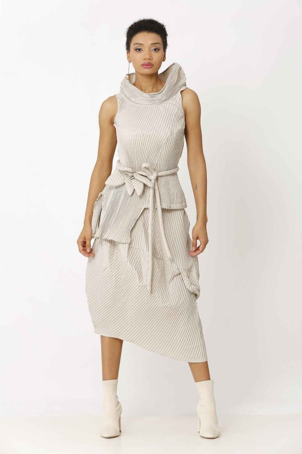 Asymmetric Pleated Taffeta Skirt - Beige - 2
