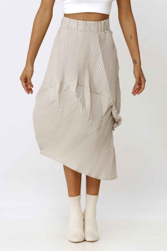 Asymmetric Pleated Taffeta Skirt - Beige - 3