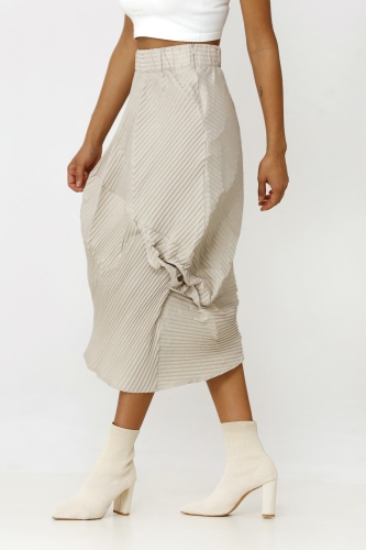 Asymmetric Pleated Taffeta Skirt - Beige - 4