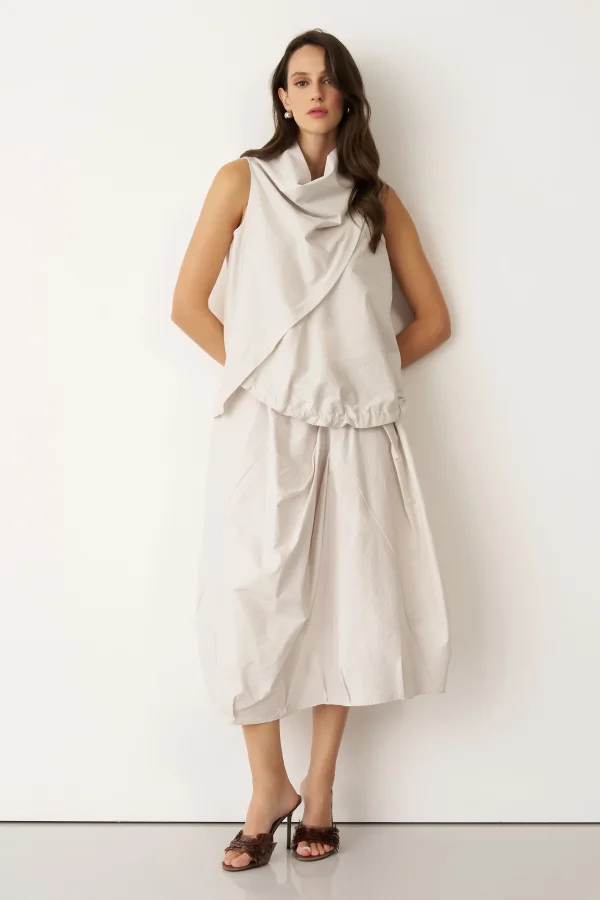 Bej Büyük Yakalı Etek Ucu Büzgülü Kolsuz Koufi Bluz - 2