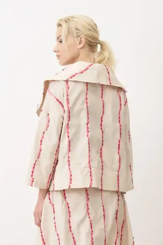 Bej Çizgi Detaylı Şal Yaka Psomi Ceket - 5