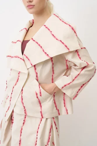 Bej Çizgi Detaylı Şal Yaka Psomi Ceket - 3