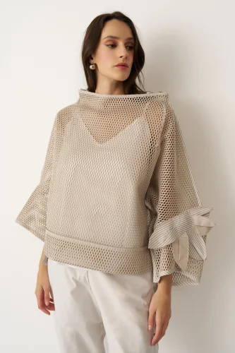 Bej File Dokulu Kolu Çiçekli Kalavria Bluz - 1