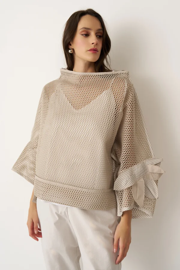 Bej File Dokulu Kolu Çiçekli Kalavria Bluz - 1