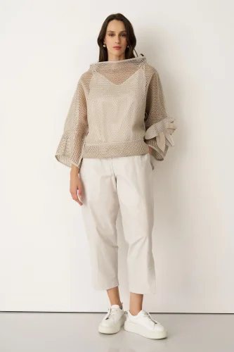 Bej File Dokulu Kolu Çiçekli Kalavria Bluz - BIZE (1)