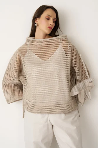 Bej File Dokulu Kolu Çiçekli Kalavria Bluz - 5