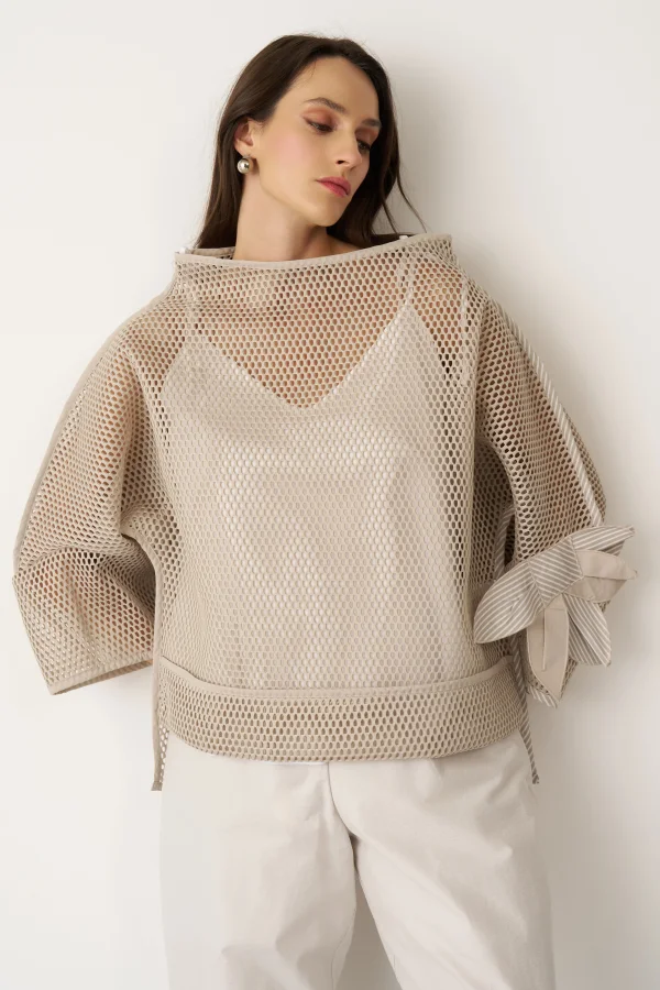 Bej File Dokulu Kolu Çiçekli Kalavria Bluz - 5