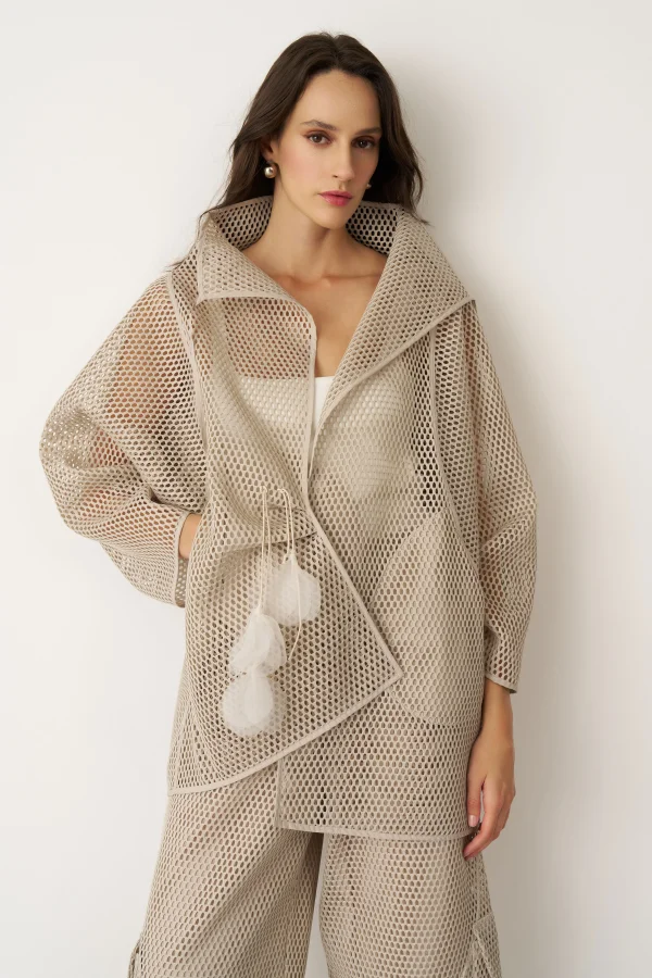 Bej File Kumaşlı Asimetrik Bağlanan Kalavria Ceket - 1
