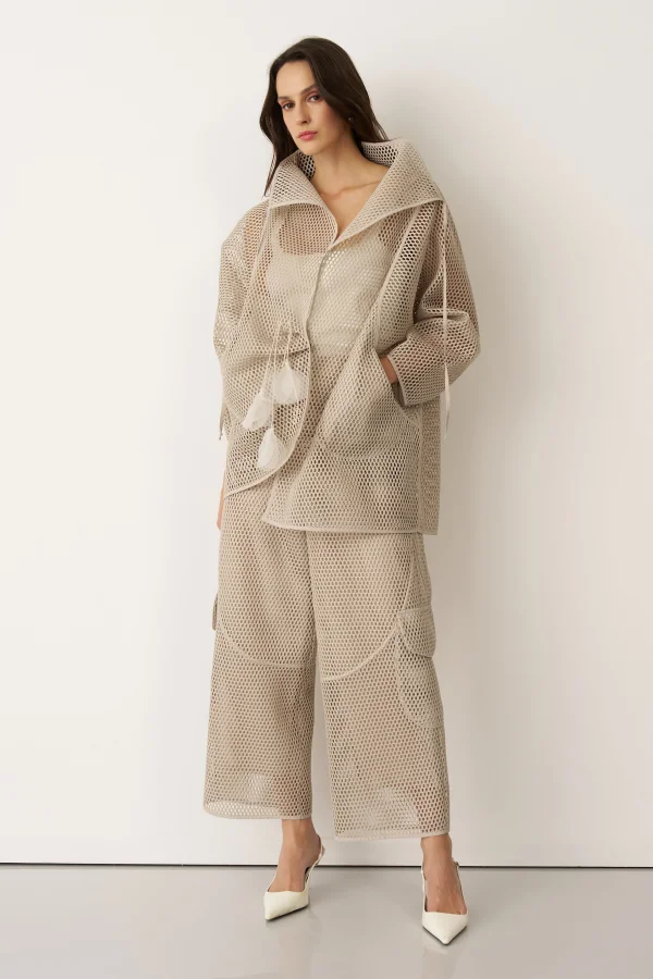 Bej File Kumaşlı Asimetrik Bağlanan Kalavria Ceket - 2