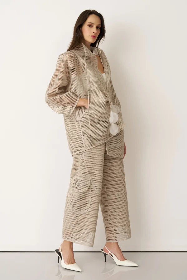 Bej File Kumaşlı Asimetrik Bağlanan Kalavria Ceket - 3