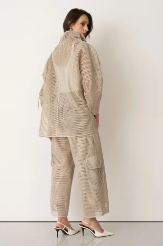 Bej File Kumaşlı Asimetrik Bağlanan Kalavria Ceket - 5