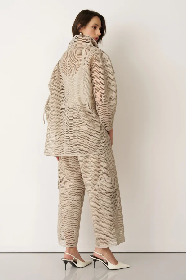 Bej File Kumaşlı Asimetrik Bağlanan Kalavria Ceket - 5