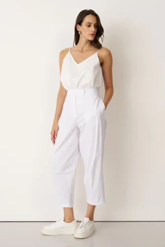 Beyaz Arkası Lastikli Yanları Cepli Gyaros Pantolon - 3