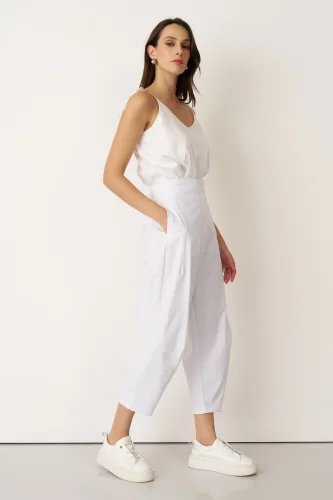 Beyaz Arkası Lastikli Yanları Cepli Gyaros Pantolon - 5