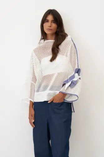 Beyaz File Dokulu Kolu Çiçekli Kalavria Bluz - 3