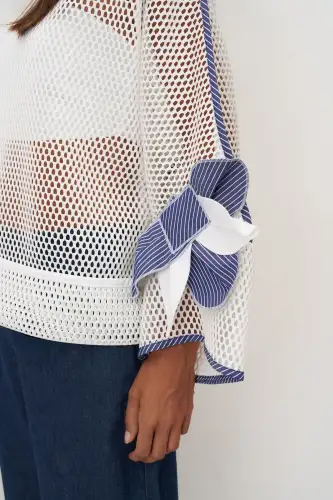 Beyaz File Dokulu Kolu Çiçekli Kalavria Bluz - 5