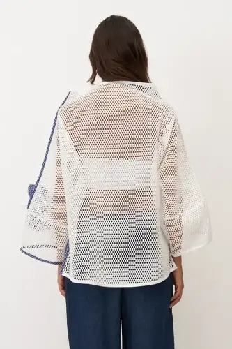 Beyaz File Dokulu Kolu Çiçekli Kalavria Bluz - 7