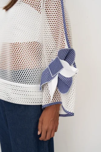 Beyaz File Dokulu Kolu Çiçekli Kalavria Bluz - 5