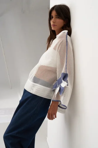 Beyaz File Dokulu Kolu Çiçekli Kalavria Bluz - 6