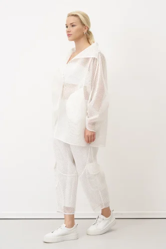 Beyaz File Kumaşlı Asimetrik Bağlanan Kalavria Ceket - BIZE (1)