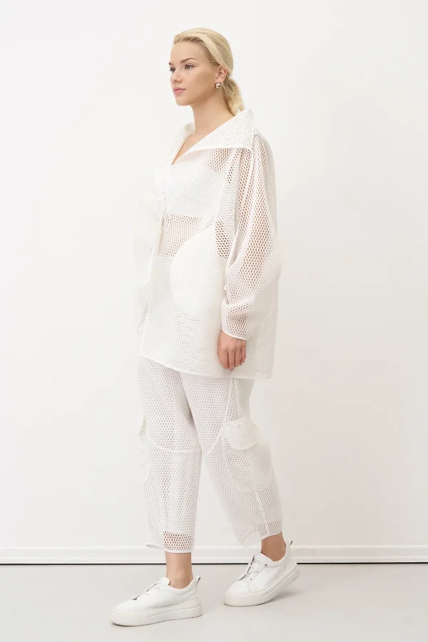 Beyaz File Kumaşlı Asimetrik Bağlanan Kalavria Ceket - 2