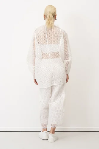 Beyaz File Kumaşlı Asimetrik Bağlanan Kalavria Ceket - 6