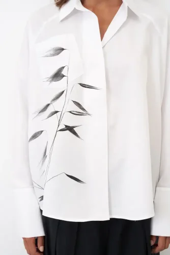 Beyaz Fırça Baskılı İnce Poplin Sporades Gömlek - 5