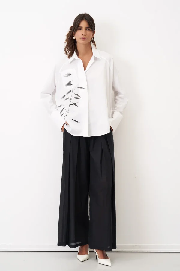 Beyaz Fırça Baskılı İnce Poplin Sporades Gömlek - BIZE (1)