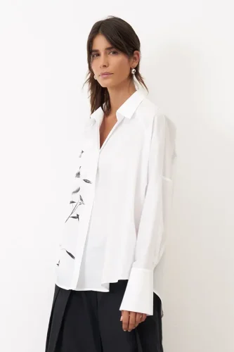 Beyaz Fırça Baskılı İnce Poplin Sporades Gömlek - 3