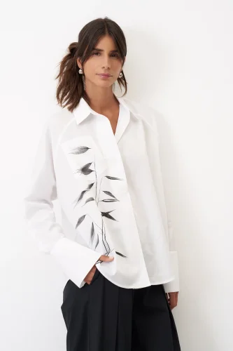 Beyaz Fırça Baskılı İnce Poplin Sporades Gömlek - 4