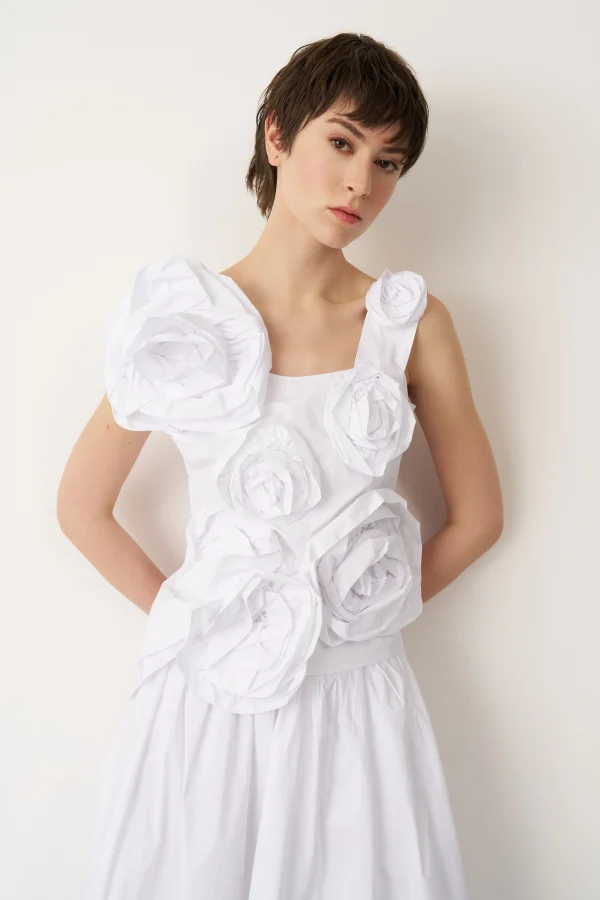 Beyaz Güllü Kolsuz Kısa Bluz Pori - 3