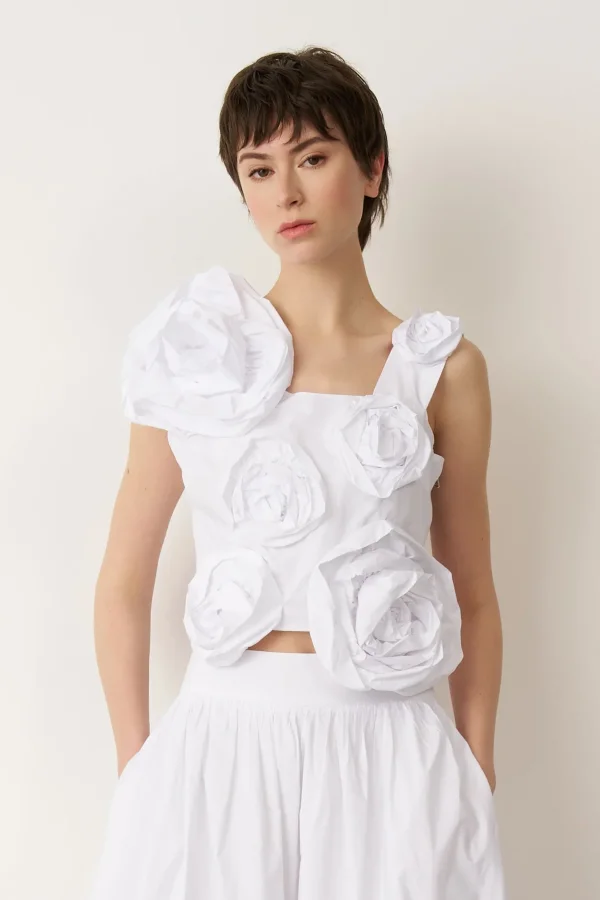 Beyaz Güllü Kolsuz Kısa Bluz Pori - 1