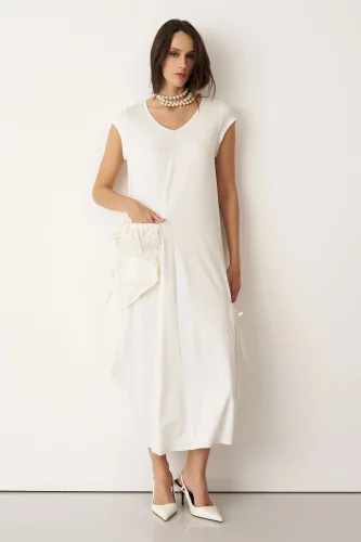 Beyaz Kırışık Cepli V Yaka Kokkino Elbise - 1