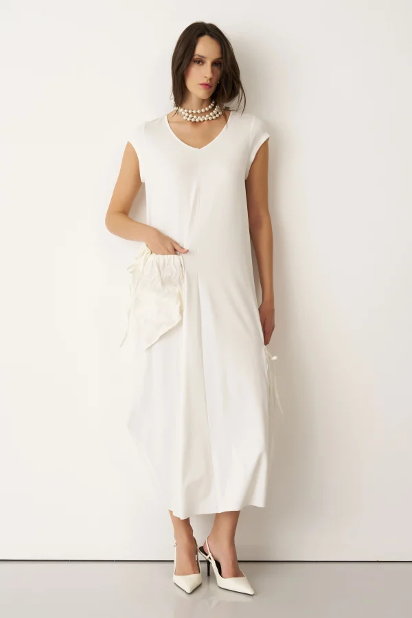 Beyaz Kırışık Cepli V Yaka Kokkino Elbise - 1