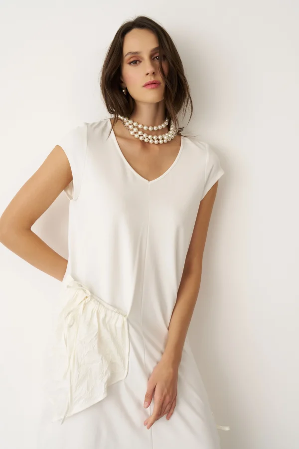 Beyaz Kırışık Cepli V Yaka Kokkino Elbise - 3