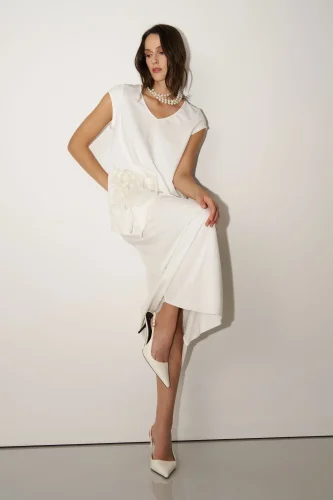 Beyaz Kırışık Cepli V Yaka Kokkino Elbise - 4