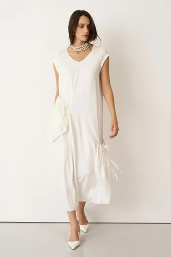 Beyaz Kırışık Cepli V Yaka Kokkino Elbise - BIZE (1)