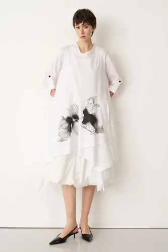 Beyaz Önü Baskılı Etek Ucu Büzülebilen Megalo Tunik - 1