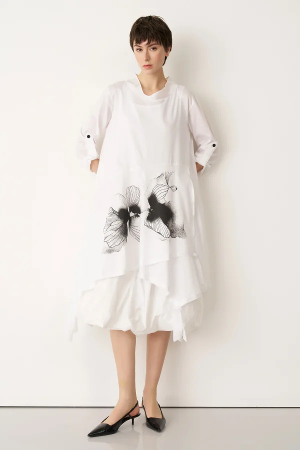 Beyaz Önü Baskılı Etek Ucu Büzülebilen Megalo Tunik - 1