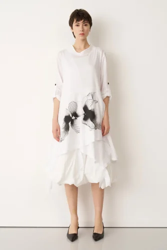 Beyaz Önü Baskılı Etek Ucu Büzülebilen Megalo Tunik - BIZE (1)