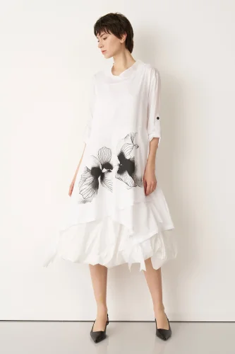 Beyaz Önü Baskılı Etek Ucu Büzülebilen Megalo Tunik - 3