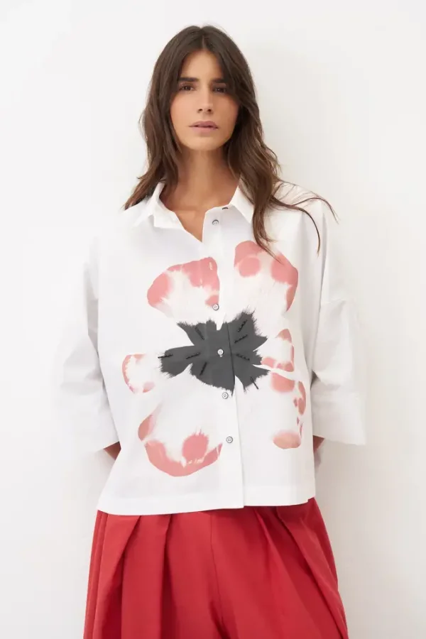 Beyaz Önü Büyük Çiçek Baskılı Gavdos Gömlek - 1