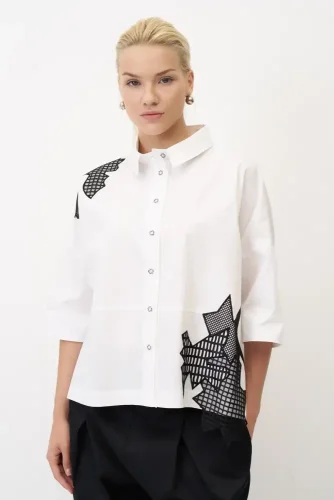 Beyaz Patch Dantelli Chalki Gömlek - 1
